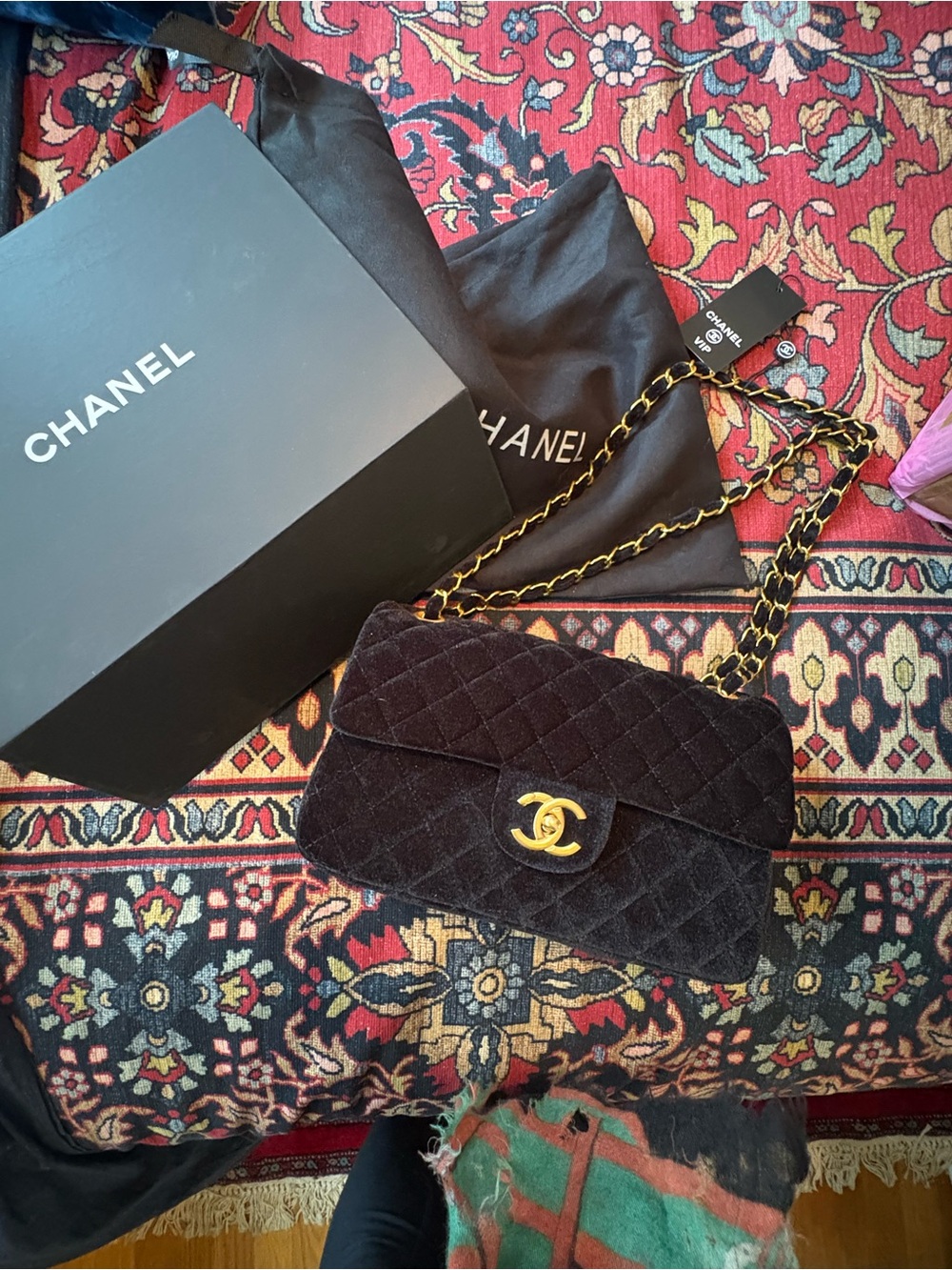 VIP GIFT  CHANEL Quilted Velvet Shoulder Bag in Black with Gold Hardware